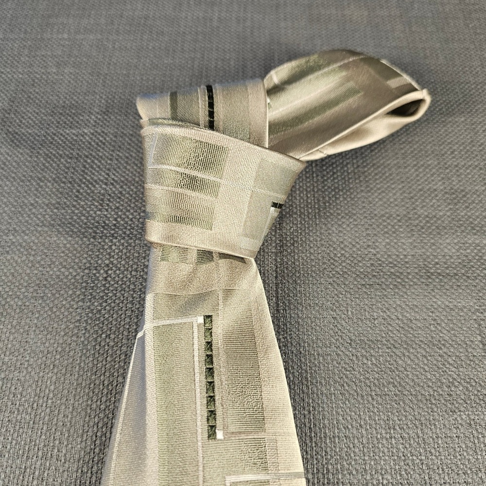 Pierre Cardin Mens Silk Necktie Geometric Abstract Pattern Champagne Sage Green